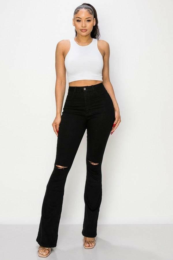 BEN Junior flare black jeans knee cut leg opening. - La Belle Gina Boutique