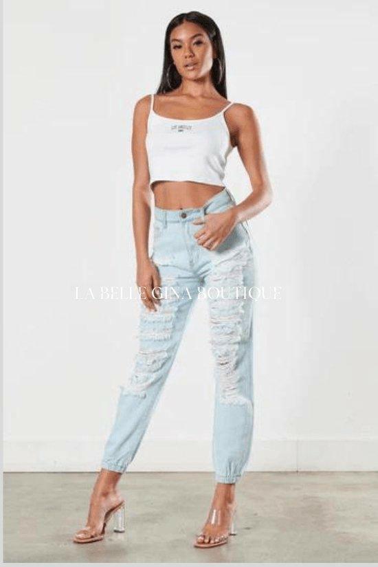 BENITA high waisted distressed mom with elastic waistband. - La Belle Gina Boutique