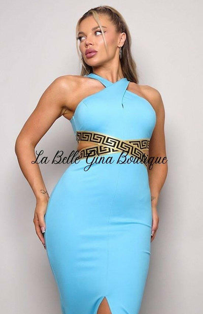 Camille Crossed Front Halter Geo Trim Mini Dress-Aqua - La Belle Gina Boutique