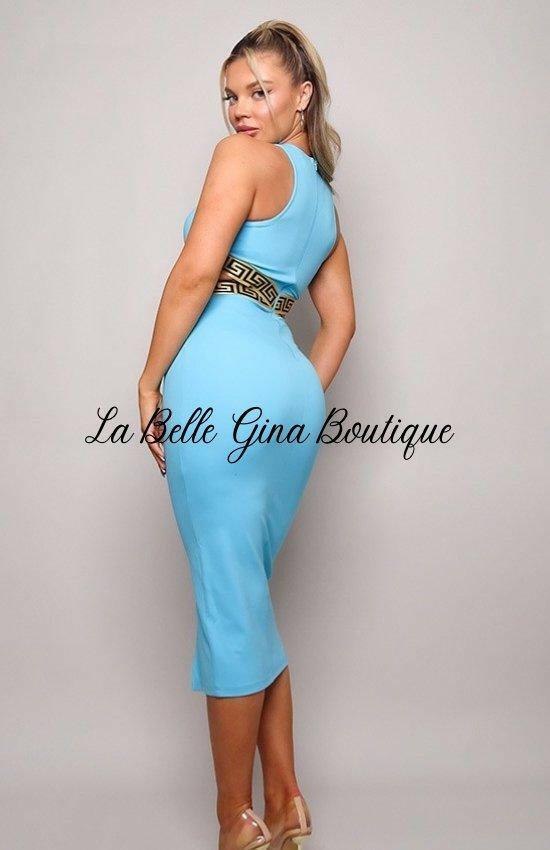 Camille Crossed Front Halter Geo Trim Mini Dress-Aqua - La Belle Gina Boutique