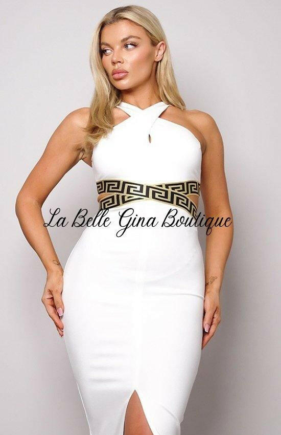 Camille Crossed Front Halter Geo Trim Mini Dress-Ivory - La Belle Gina Boutique