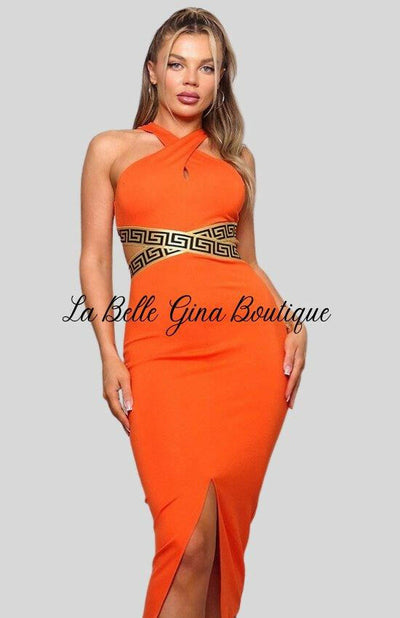 Camille Crossed Front Halter Neck Geo Trim Mini Dress-Orange - La Belle Gina Boutique