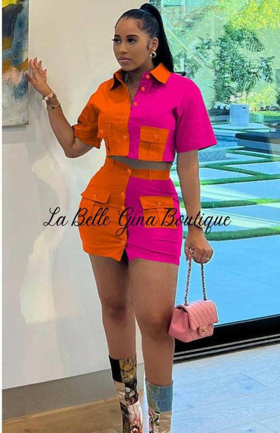 Camille Double Pocket short sleeve set Orange - La Belle Gina Boutique
