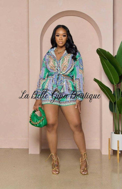 Camille Printed long sleeve casual Two piece set-Green - La Belle Gina Boutique