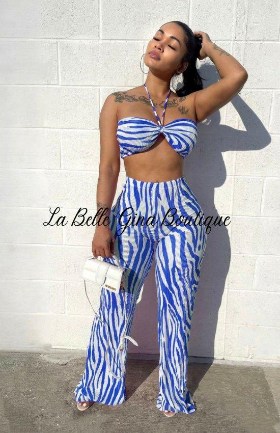 Carline Crinkled Print Two Piece Set-Blue - La Belle Gina Boutique