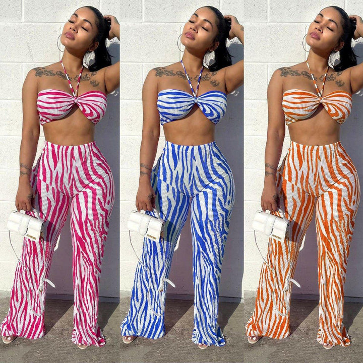 Carline Crinkled Print Two Piece Set-Blue - La Belle Gina Boutique