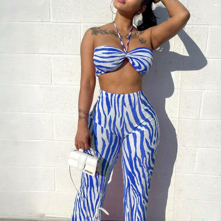 Carline Crinkled Print Two Piece Set-Blue - La Belle Gina Boutique