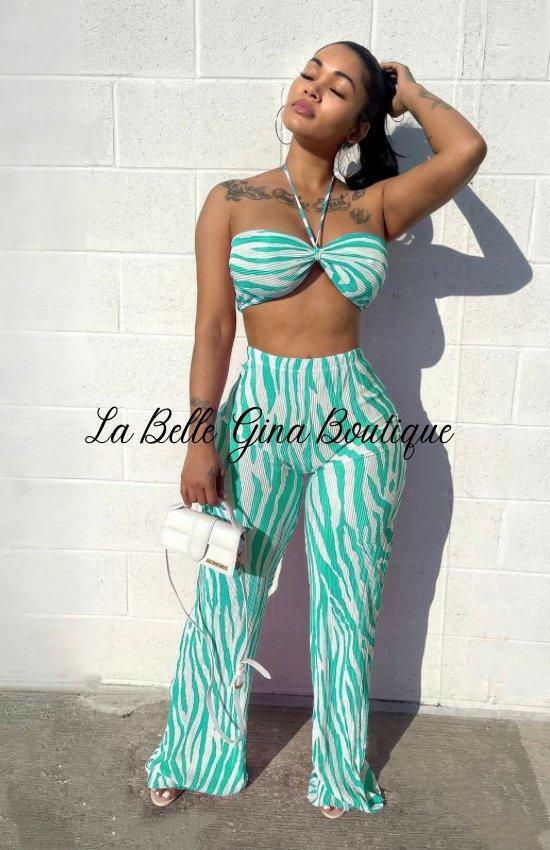 Carline crinkled print Two-Piece Set-Light Green - La Belle Gina Boutique