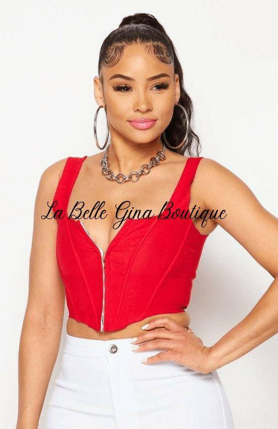 CLARA corset crop top features front center zipper hook. - La Belle Gina Boutique