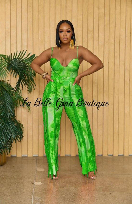 Clara Printed Fringed Lace Camisole Bodysuit And Pants Set-Green - La Belle Gina Boutique