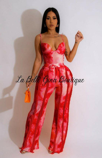 Clara Printed Fringed Lace Camisole Bodysuit And Pants Set-Red - La Belle Gina Boutique
