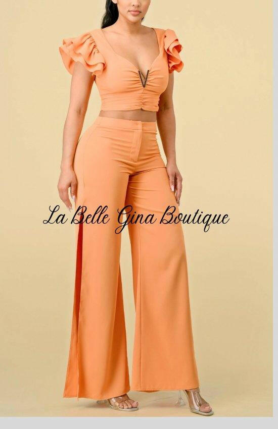 Clara Ruffle Trim Top And Slit Pants Set-Baby Orange - La Belle Gina Boutique