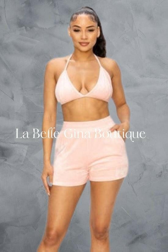 CLARA three piece bralette knit top with long sleeves,hoodie and a pair of shorts . - La Belle Gina Boutique