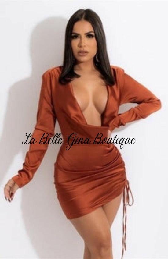 CLARA v neck drawstring mini dress long sleeves. - La Belle Gina Boutique