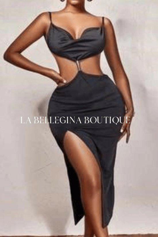 CLARA V neck spaghetti strap cut out slitted dress - La Belle Gina Boutique