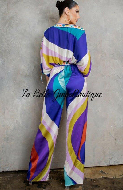 Clarette Cropped Blouse And Wide Pants Set-Purple Combo - La Belle Gina Boutique