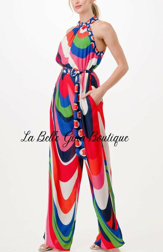 Clarisse Halter Neck Wide Led Jumpsuit-REd Combo - La Belle Gina Boutique