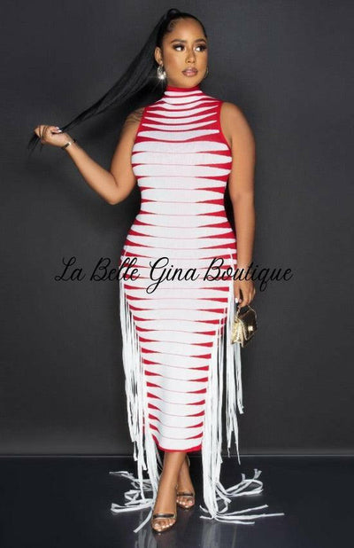 Corsette Mock Neck Rib Print Webbing Sleeveless Dress-Red - La Belle Gina Boutique