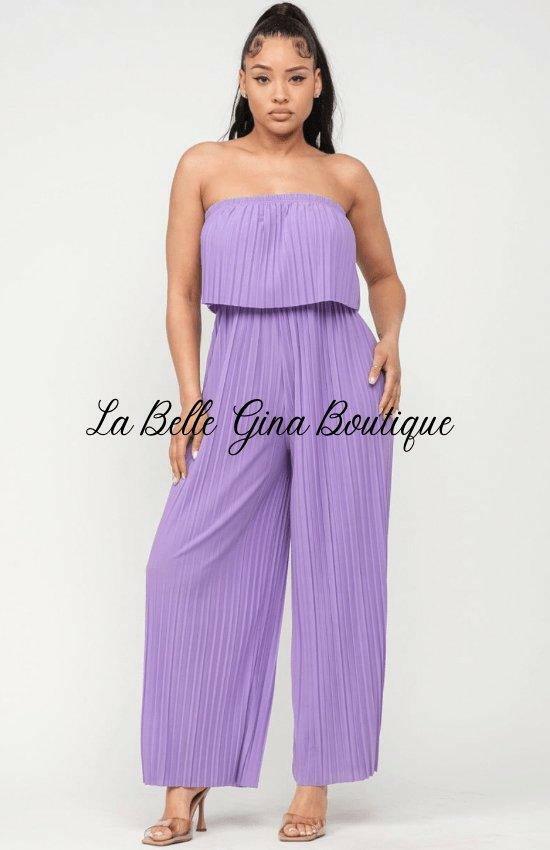 Corsette Pleated Off Shoulder Jumpsuit-Purple - La Belle Gina Boutique