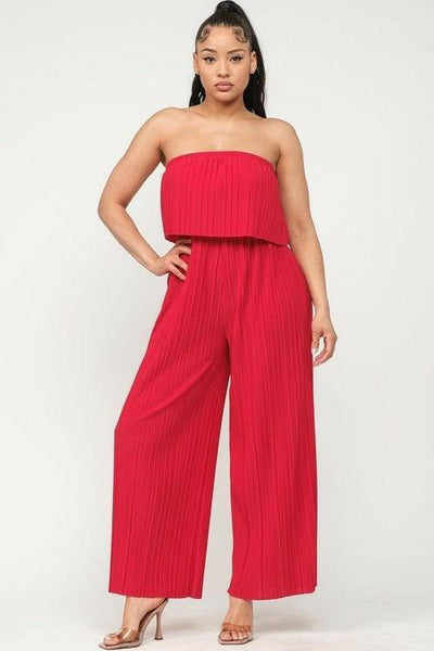 Corsette Pleated Off Shoulder Jumpsuit-Red - La Belle Gina Boutique
