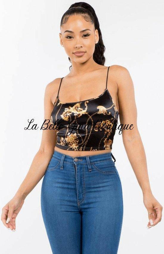 DANE Sleeveless chain print satin crop top. - La Belle Gina Boutique