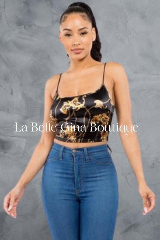 DANE Sleeveless chain print satin crop top. - La Belle Gina Boutique