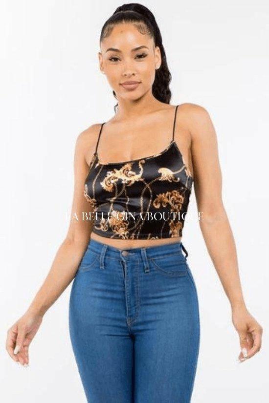 DANE Sleeveless chain print satin crop top. - La Belle Gina Boutique