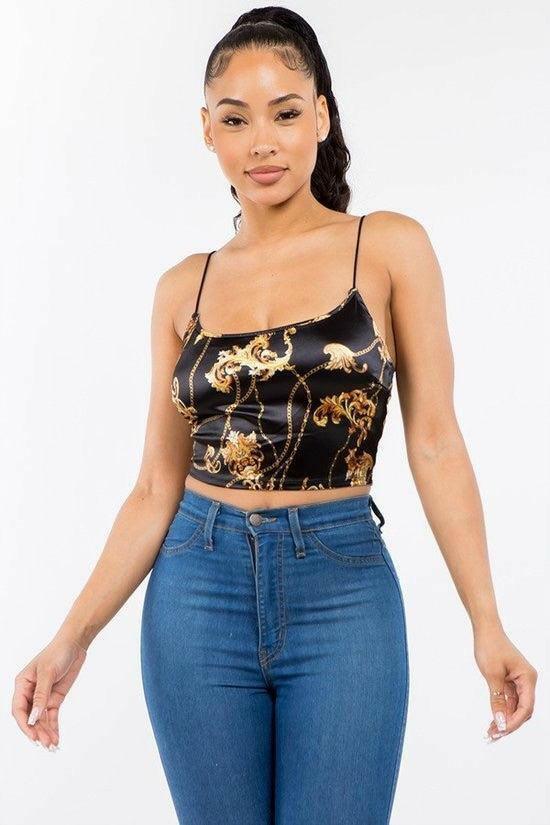 DANE Sleeveless chain print satin crop top. - La Belle Gina Boutique