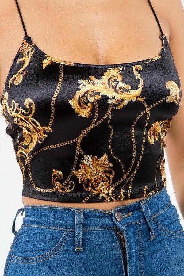 DANE Sleeveless chain print satin crop top. - La Belle Gina Boutique