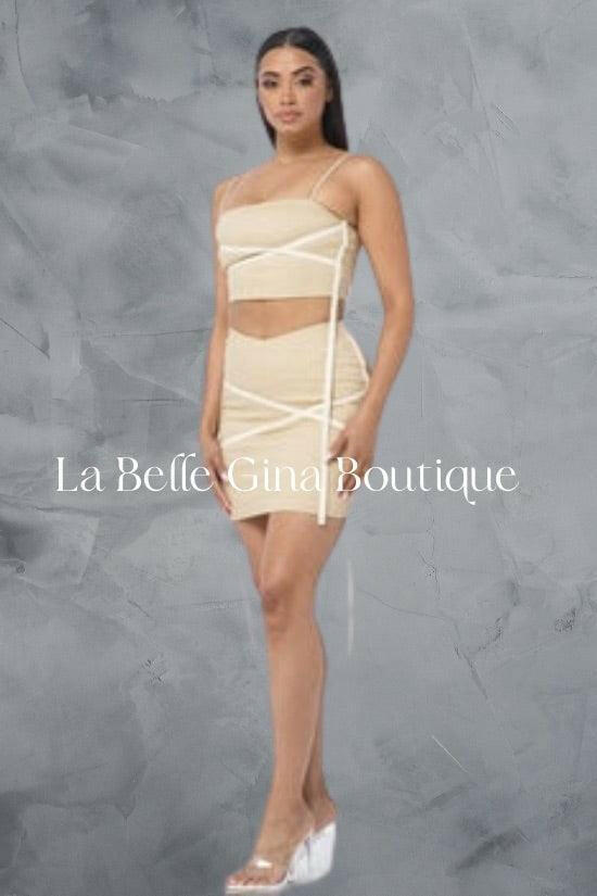 Daniela stretch denim spaghetti strapped Crop top and skirt set - La Belle Gina Boutique