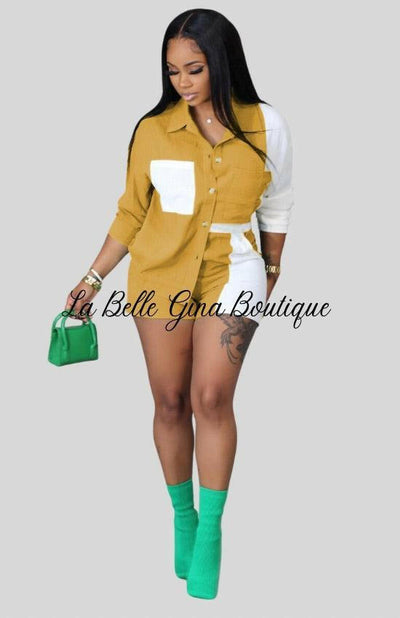 Daphné long Sleeves Shirt And Shorts Two-piece Set-Yellow - La Belle Gina Boutique