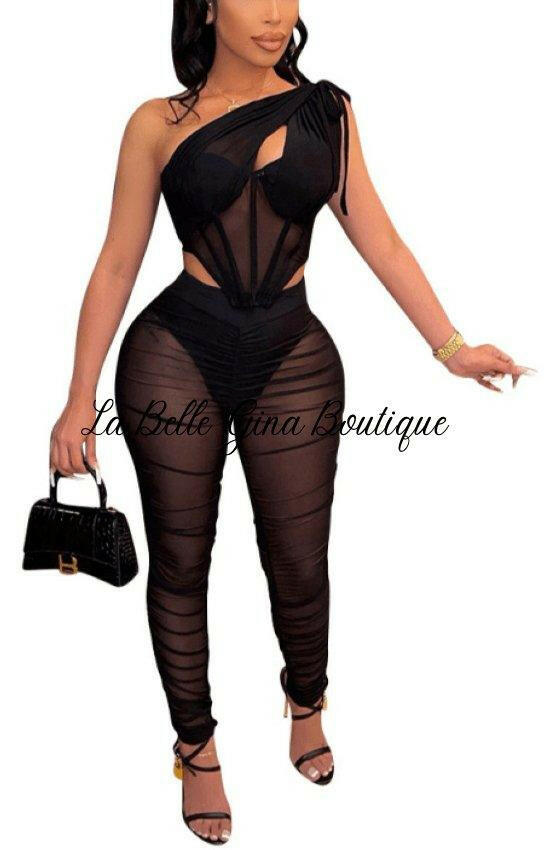 Djwin sexy fashion mesh perpective tank top and leggings set - La Belle Gina Boutique
