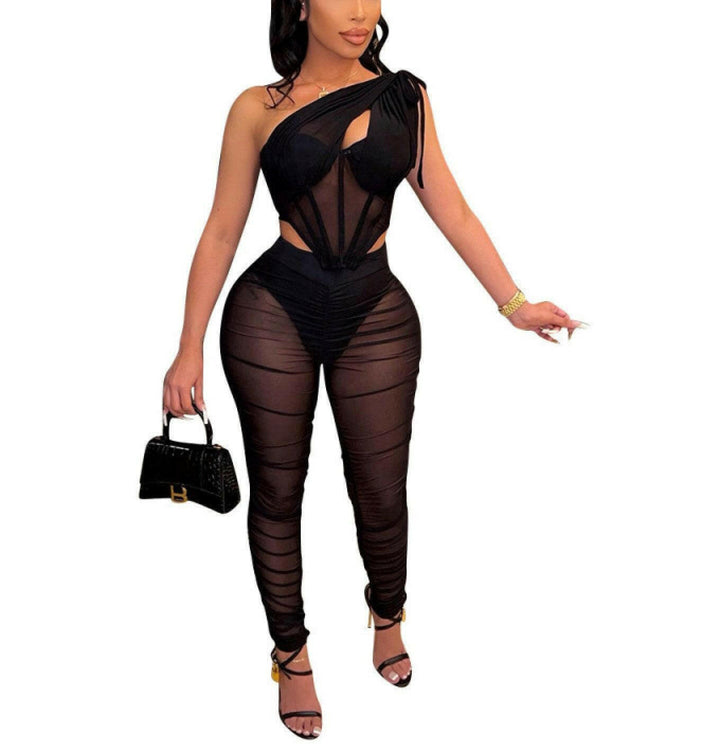 Djwin sexy fashion mesh perpective tank top and leggings set - La Belle Gina Boutique