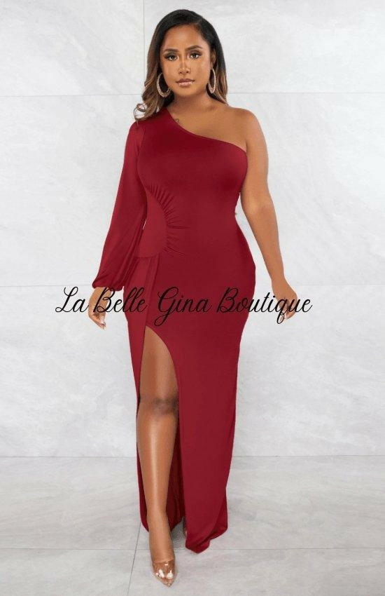 Eliane slant shoulder lantern sleeve slim split dress - La Belle Gina Boutique