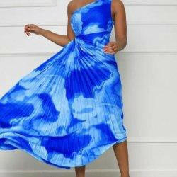 Elise one shoulder wispy print pleated maxi dress-Dark Blue - La Belle Gina Boutique