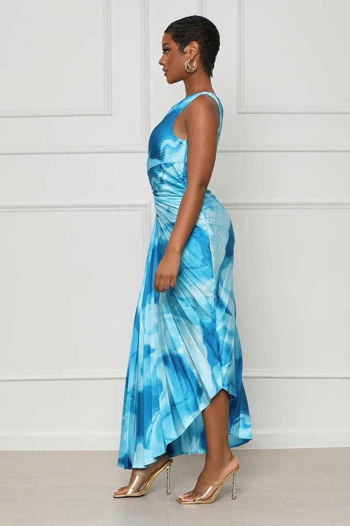 Elise one shoulder wispy print pleated maxi dress-Light Blue - La Belle Gina Boutique