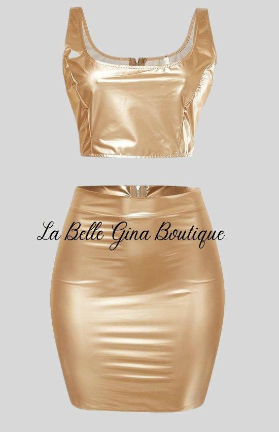 Ena liquid plated back zipper crop top and skirt set - La Belle Gina Boutique