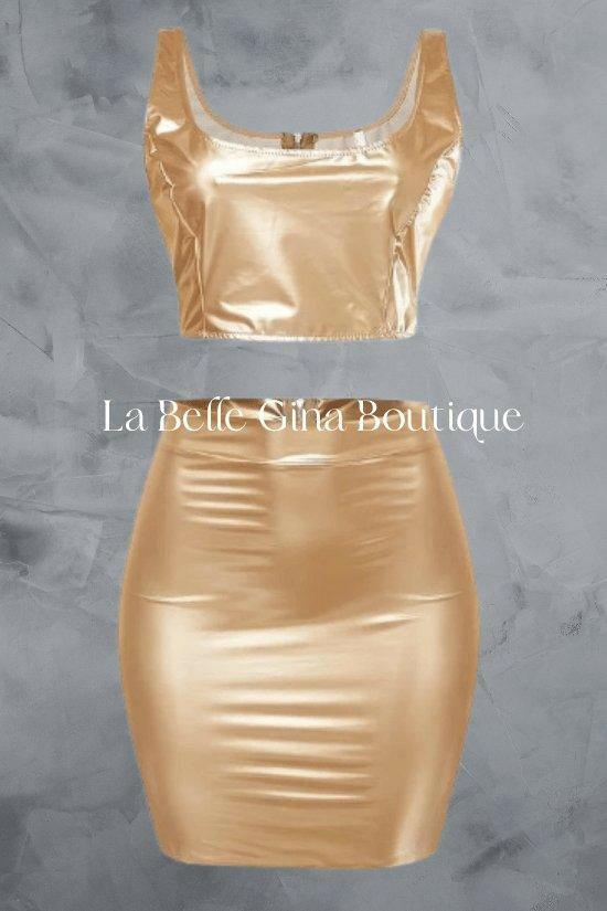 Ena liquid plated back zipper crop top and skirt set - La Belle Gina Boutique