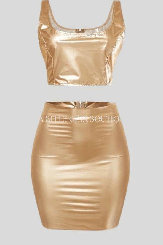 Ena liquid plated back zipper crop top and skirt set - La Belle Gina Boutique