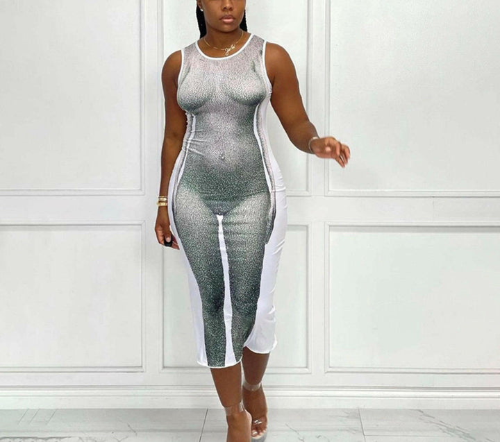 ERNITE Sexy body printing sleeveless mini length bodycon - La Belle Gina Boutique