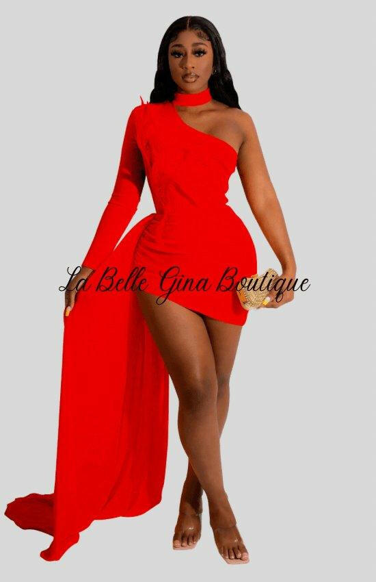 Evelie cape feather single long sleeve oblique shoulder dress-red - La Belle Gina Boutique