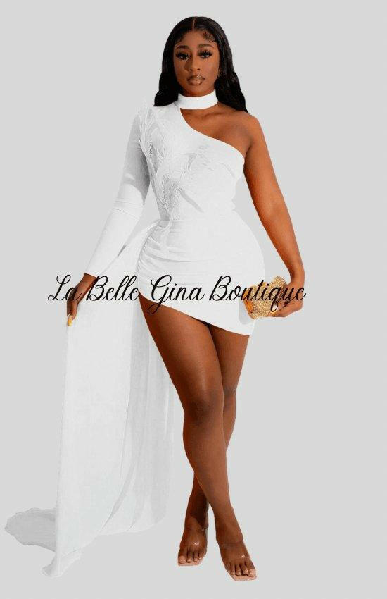 Evelie cape feather single long sleeve oblique shoulder dress-white - La Belle Gina Boutique