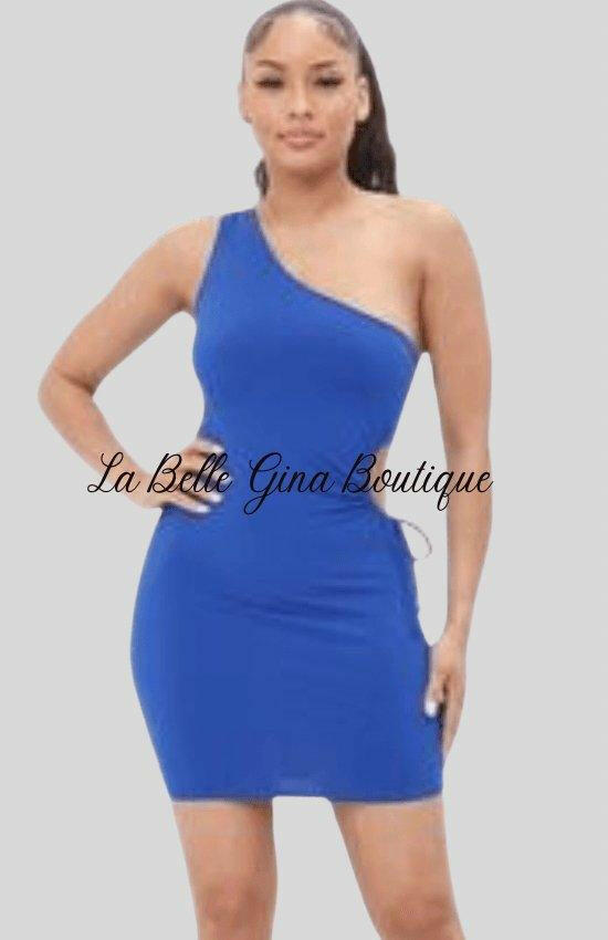 ITY Solid one shoulder open side waist tunnel mini dress - La Belle Gina Boutique