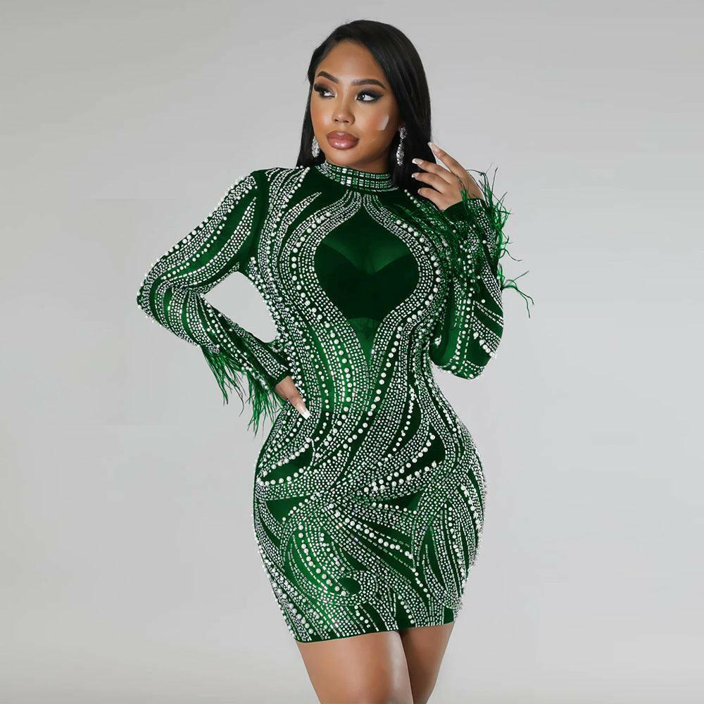 Jade See-Through Tight fitting Bodycon Long sleeves Dress-Green - La Belle Gina Boutique