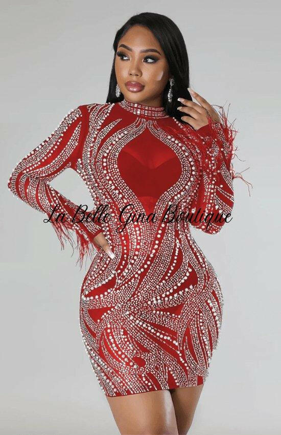 Jade See-Through Tight fitting Bodycon Long sleeves Dress-Red - La Belle Gina Boutique