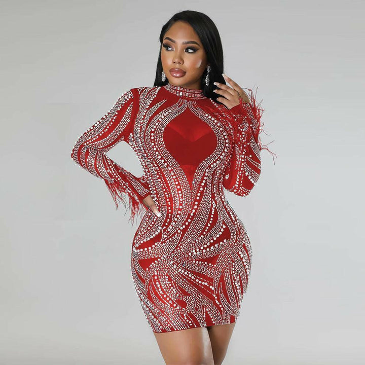 Jade See-Through Tight fitting Bodycon Long sleeves Dress-Red - La Belle Gina Boutique