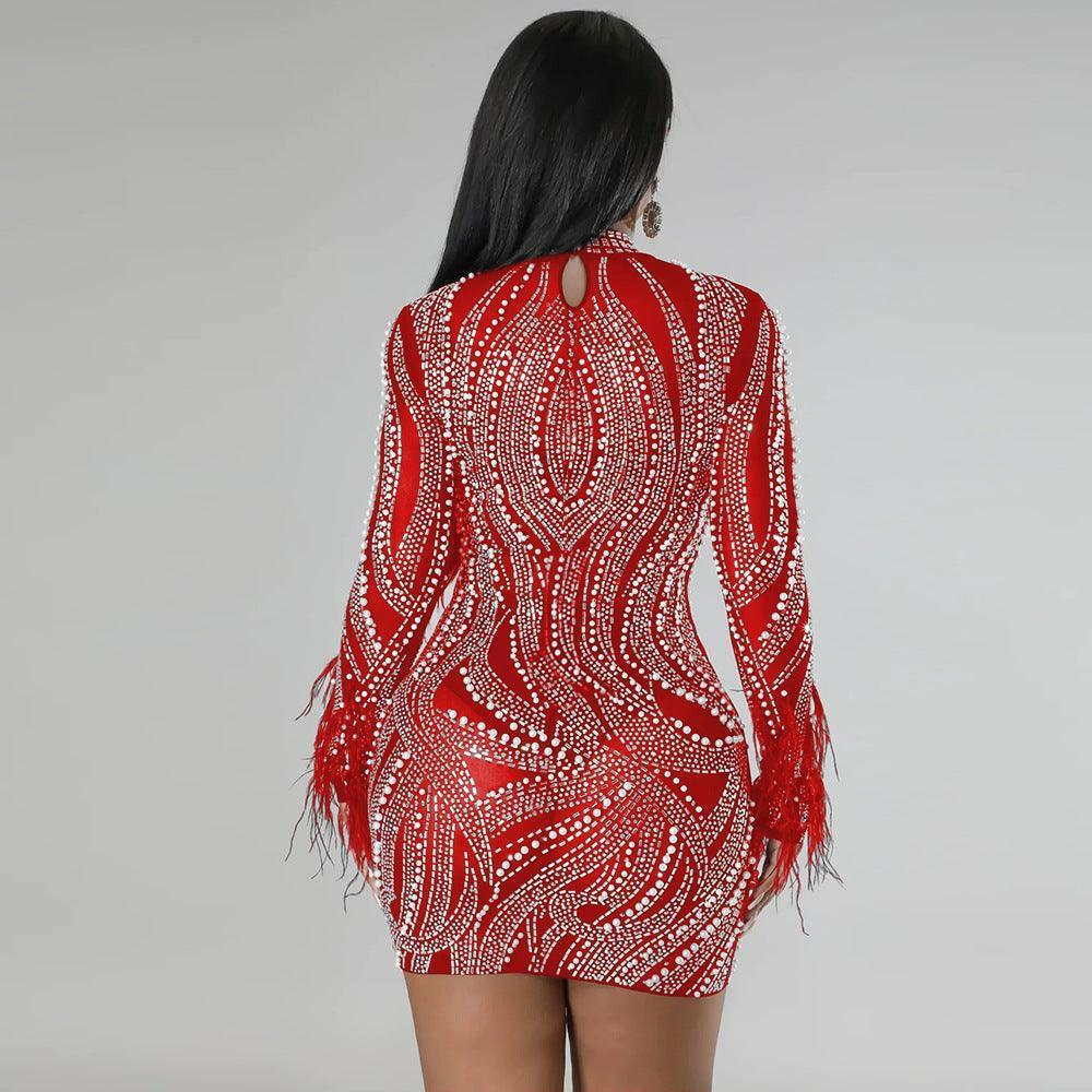 Jade See-Through Tight fitting Bodycon Long sleeves Dress-Red - La Belle Gina Boutique