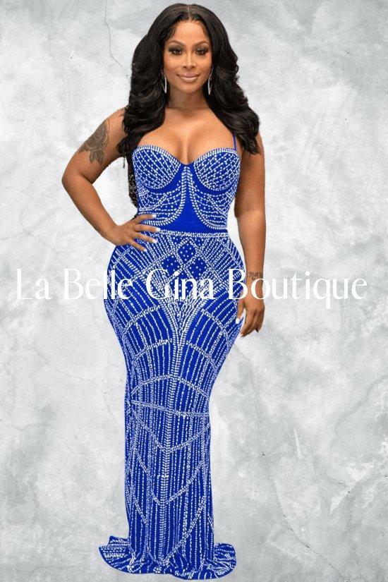 Jaynelle Embellished mesh see-through Maxi Dress-Blue - La Belle Gina Boutique