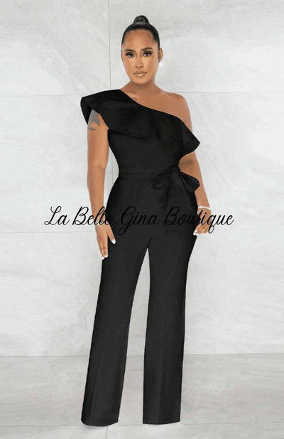 Jeanne one shoulder jumpsuit with belt-Black - La Belle Gina Boutique