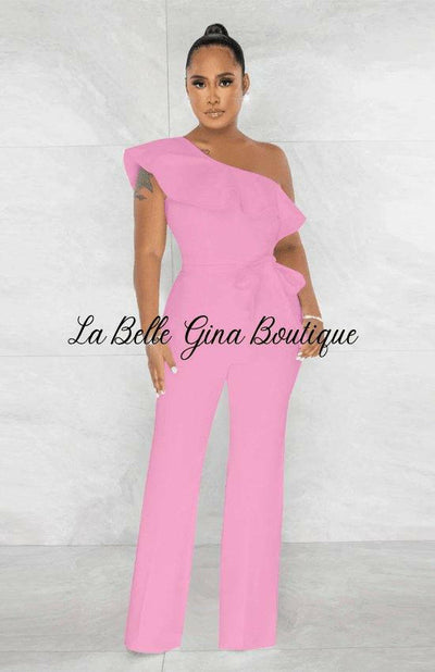 Jeanne one shoulder Jumpsuit with belt-pink - La Belle Gina Boutique